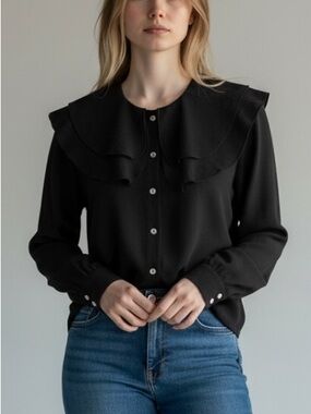 Vero Moda Black Ruffled Collar Button-Up Blouse